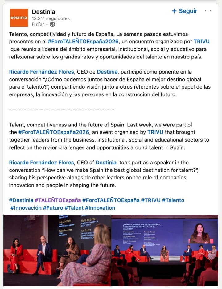 Publicación de la comunidad sobre TALEÑTO España en LinkedIn