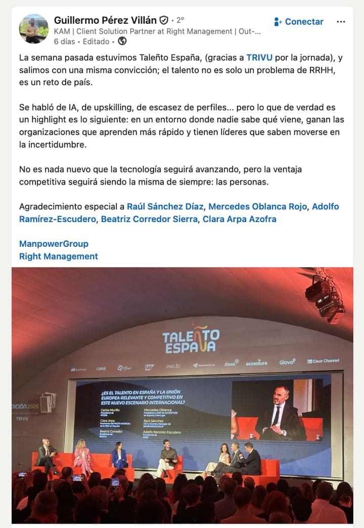 Publicación de la comunidad sobre TALEÑTO España en LinkedIn