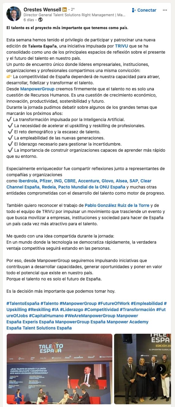 Publicación de la comunidad sobre TALEÑTO España en LinkedIn