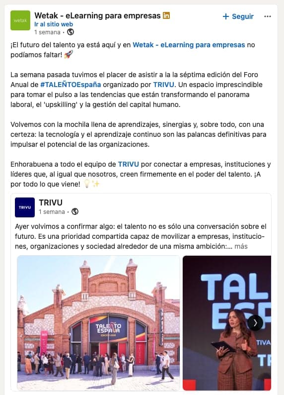 Publicación de la comunidad sobre TALEÑTO España en LinkedIn