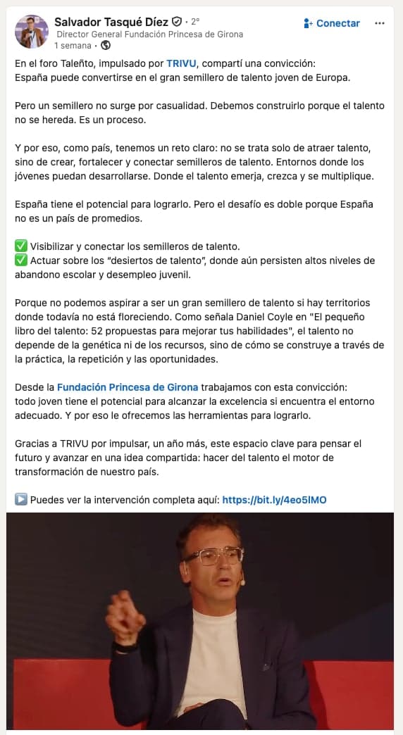 Publicación de la comunidad sobre TALEÑTO España en LinkedIn