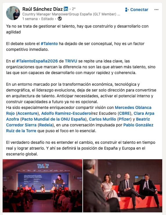 Publicación de la comunidad sobre TALEÑTO España en LinkedIn