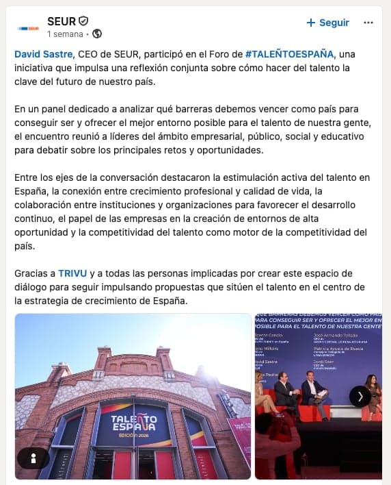 Publicación de la comunidad sobre TALEÑTO España en LinkedIn