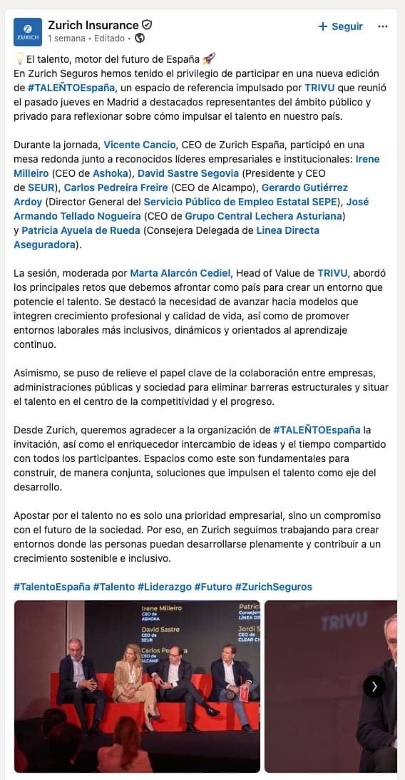 Publicación de la comunidad sobre TALEÑTO España en LinkedIn