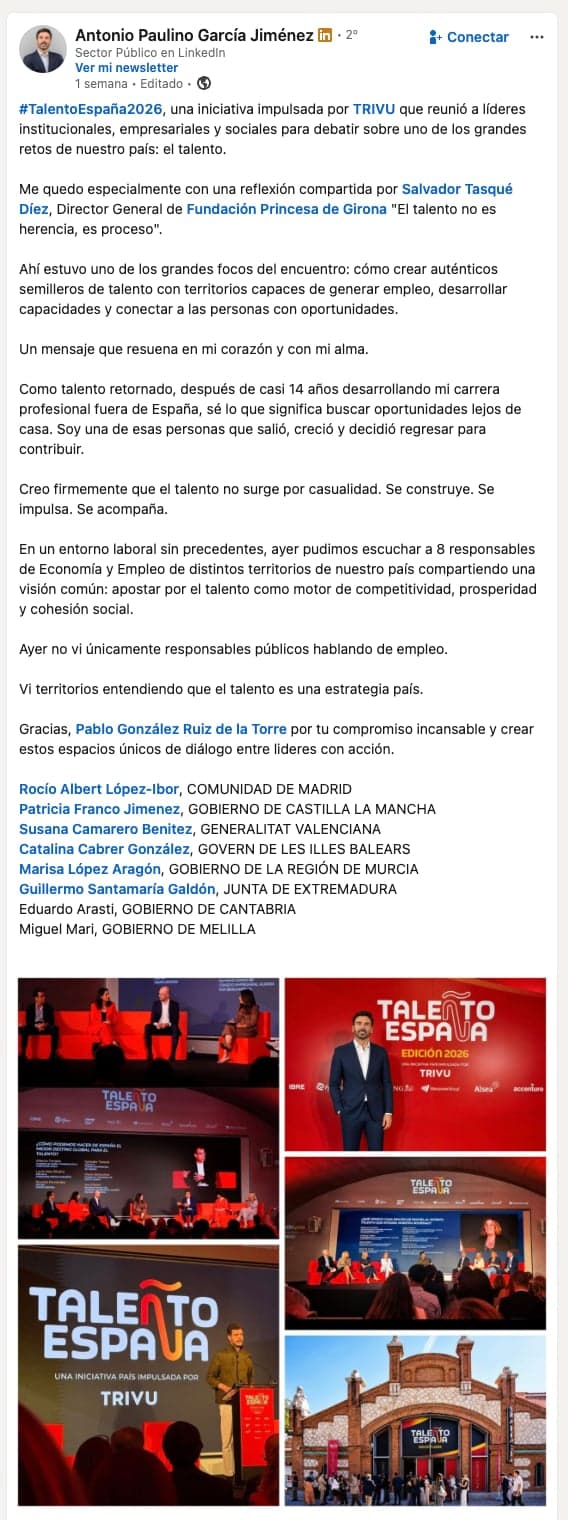 Publicación de la comunidad sobre TALEÑTO España en LinkedIn