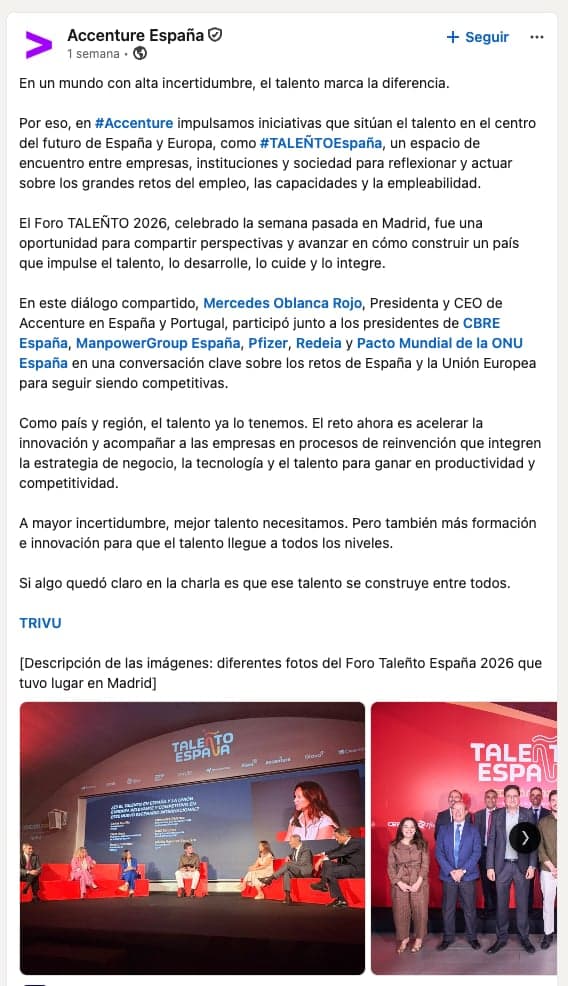 Publicación de la comunidad sobre TALEÑTO España en LinkedIn
