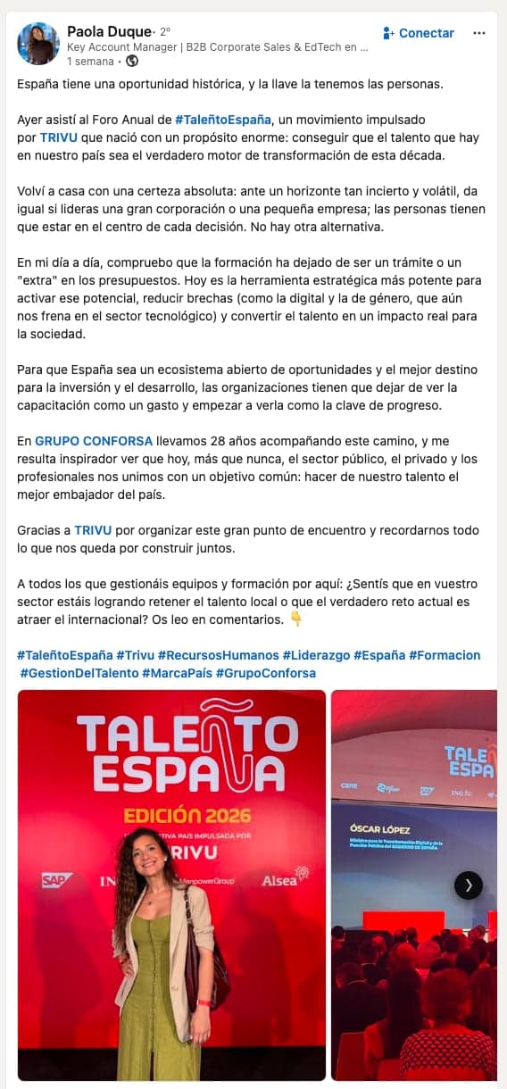 Publicación de la comunidad sobre TALEÑTO España en LinkedIn