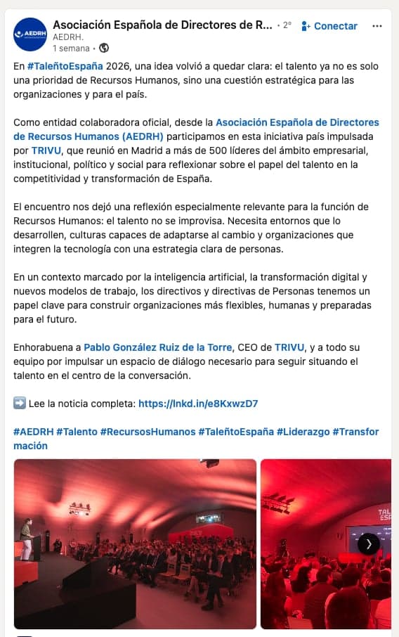 Publicación de la comunidad sobre TALEÑTO España en LinkedIn