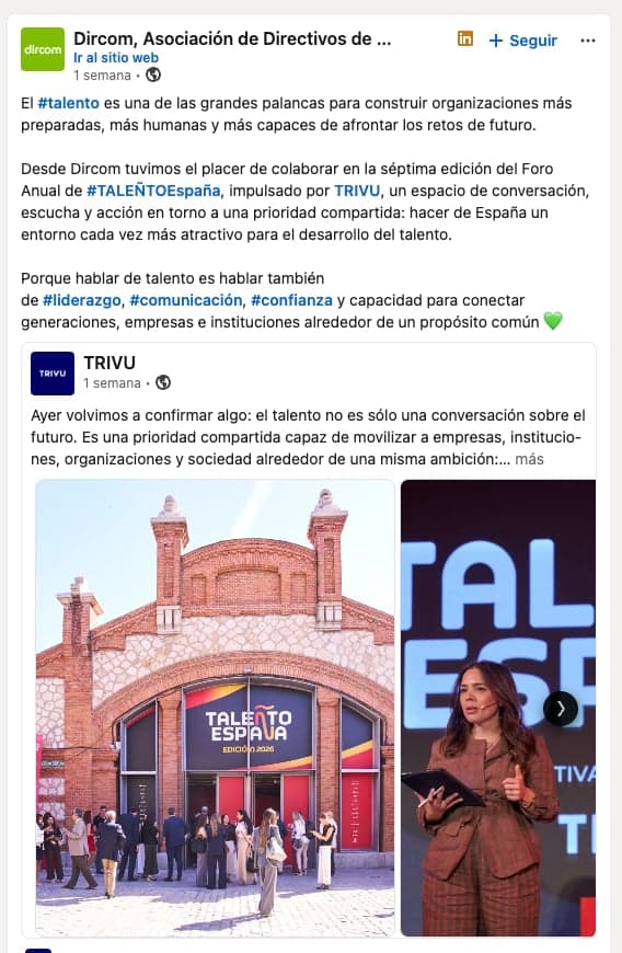 Publicación de la comunidad sobre TALEÑTO España en LinkedIn