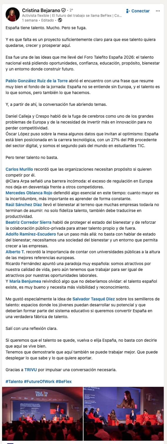 Publicación de la comunidad sobre TALEÑTO España en LinkedIn