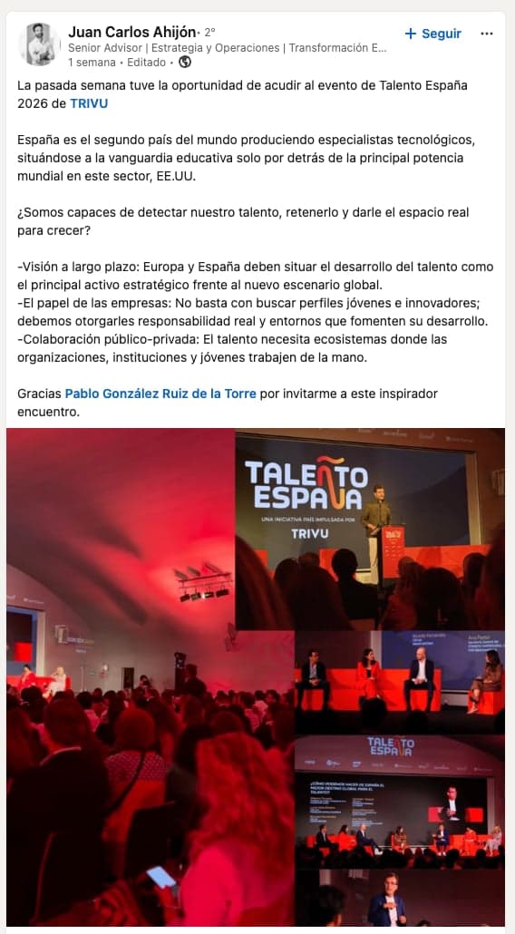 Publicación de la comunidad sobre TALEÑTO España en LinkedIn